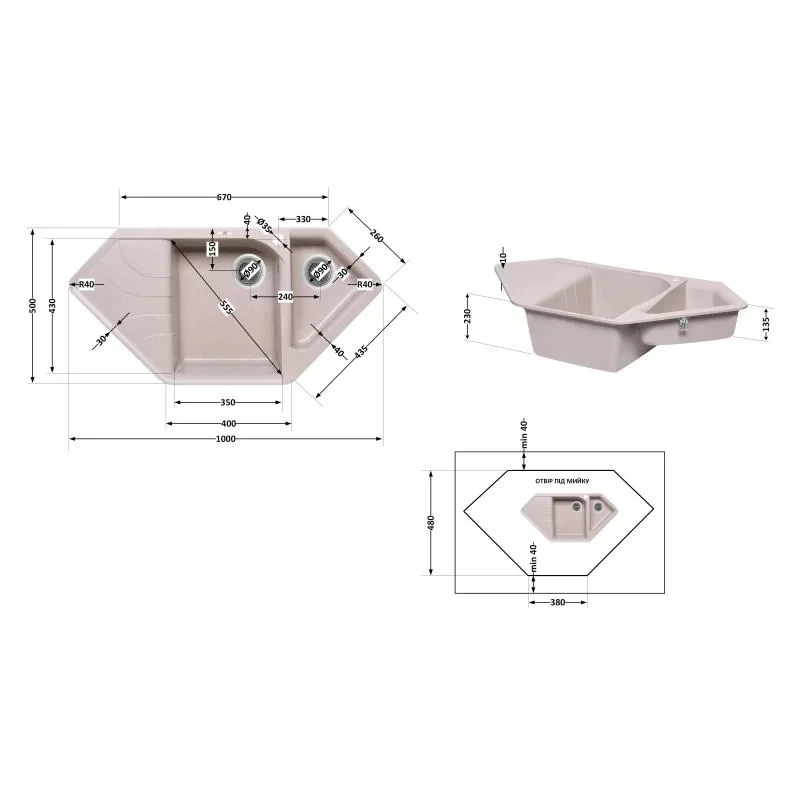 Кухонна мийка з додатковою чашею Lidz 1000x500/225 COL-06 (LIDZCOL061000500225)
