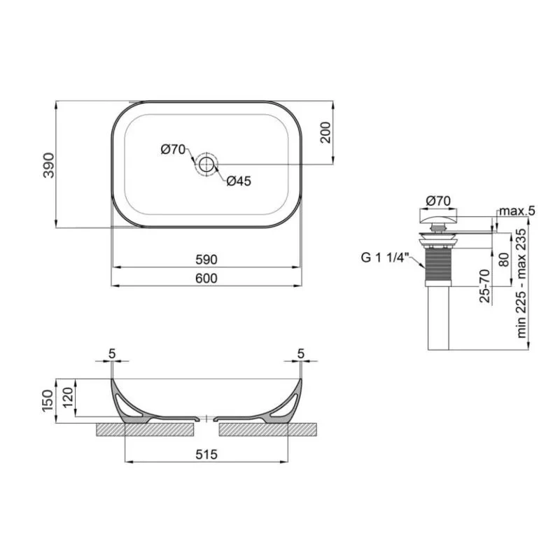 Комплект Qtap Robin: Раковина накладна прамокутна 600x390x150 мм White + Донний клапан PU02