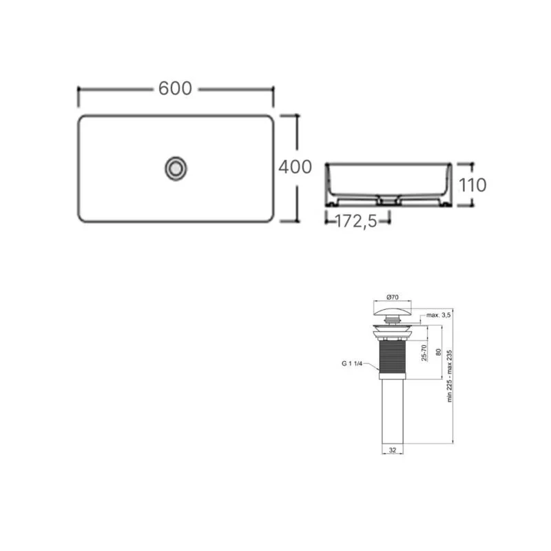 Комплект Qtap Tern: Раковина накладная прямоугольная 600x400x110 мм WHITE + Донный клапан PU02