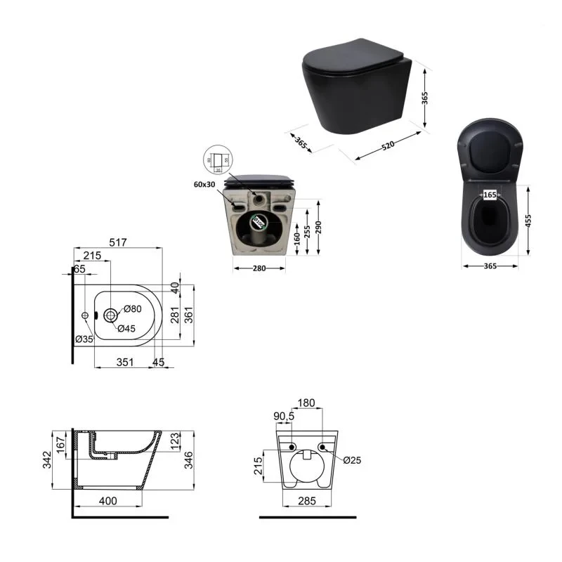 Комплект Qtap Scorpio Matt Black 2 в 1: Унитаз подвесной Ultra Quiet QT14332380AMB + биде подвесное QT1455053FMB