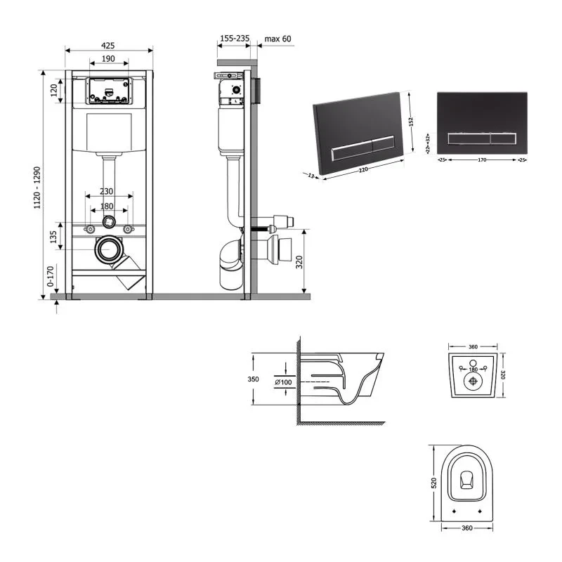 Готове рішення Qtap для ванної кімнати: підвісний унітаз Jay Ultra Quiet 520x360x320 + комплект інсталяції Nest 4 в 1 (лінійна клавіша Black mat)