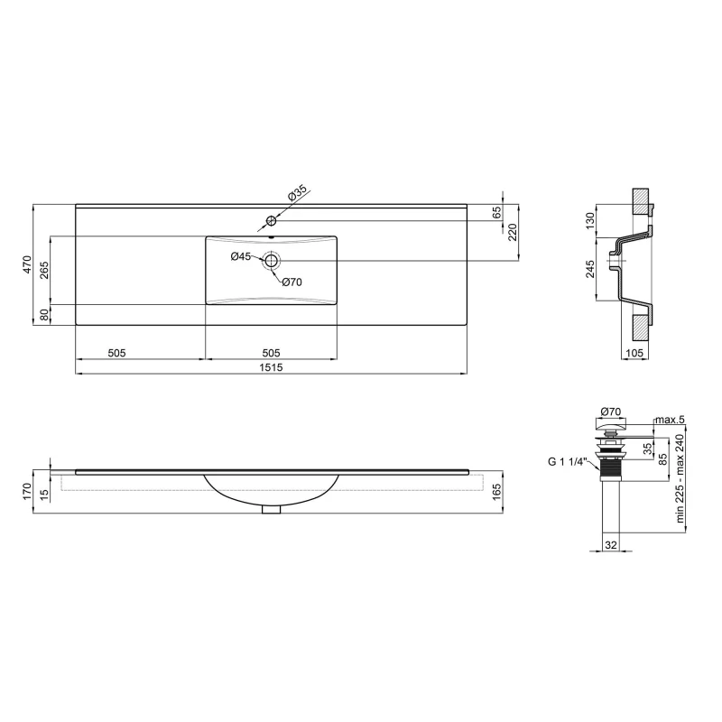 Раковина Qtap Albatross E 1500х460х180 White с донным клапаном QT01119150EW