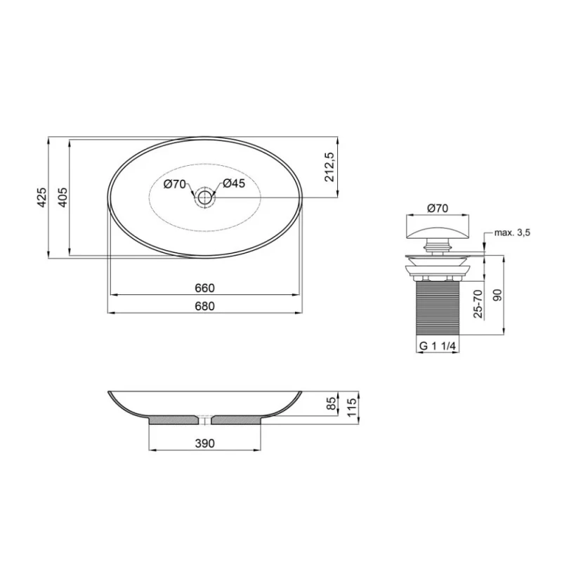 Комплект Qtap Dove: Раковина накладна овальна 680х420х120 мм White + Донний клапан PU02