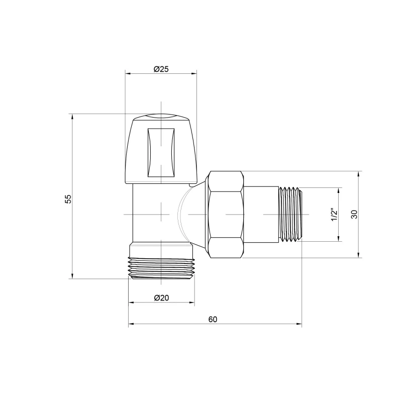 Кран радиаторный Icma 1/2" угловой под фитинг, без ручки №827