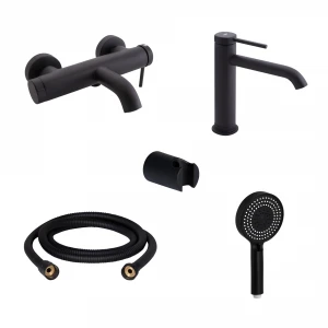 Комплект для ванни Qtap Robin Black: Змішувачі QTROB3060102B+QTROB1060M102B+Тримач QT829910842854OB+Шланг QT054BL43074+Лійка QTRUC125BLM45776