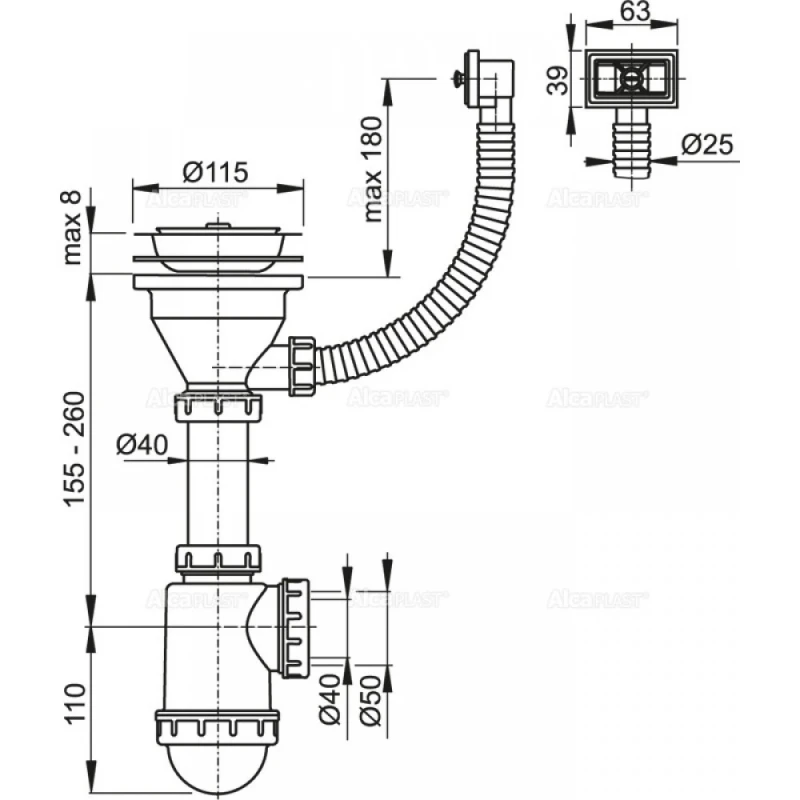Сифон для кухонной мойки ALCA PLAST A447 1 1/2