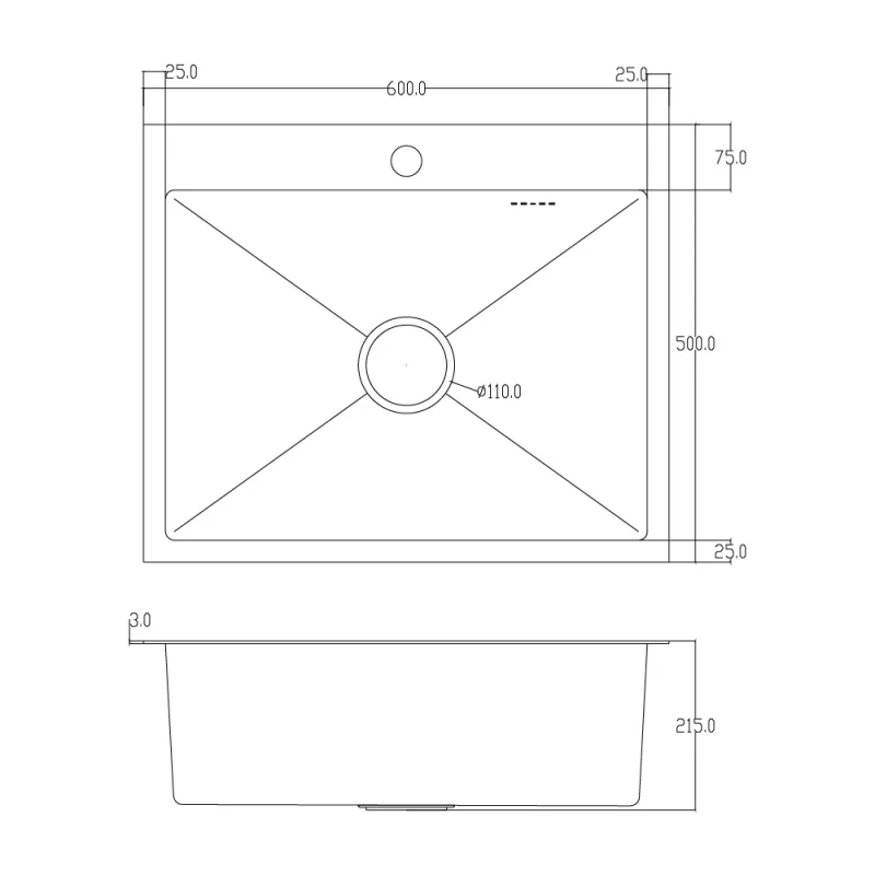 ID 6050 мийка одинар.600x500x215мм, SUS 304 (3.0/0.8мм), сифон, дозатор, кошик, Satin{1/1}