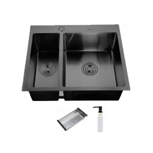 Мойка кухонная ITAL 575x485x215 мм двойная с сифоном, дозатором, корзиной PVD Black