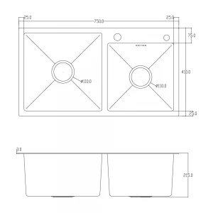 Мойка ITAL 750x410x215мм двойная с сифоном, дозатором, корзиной PVD Black (3.0/0.8)
