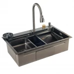 ID 7246-2BCW  PROFI 720x460x215мм,сифон. дозат. 2 кош, дошк, зміш. омив. склян. PVD DECOR Black{1/1}