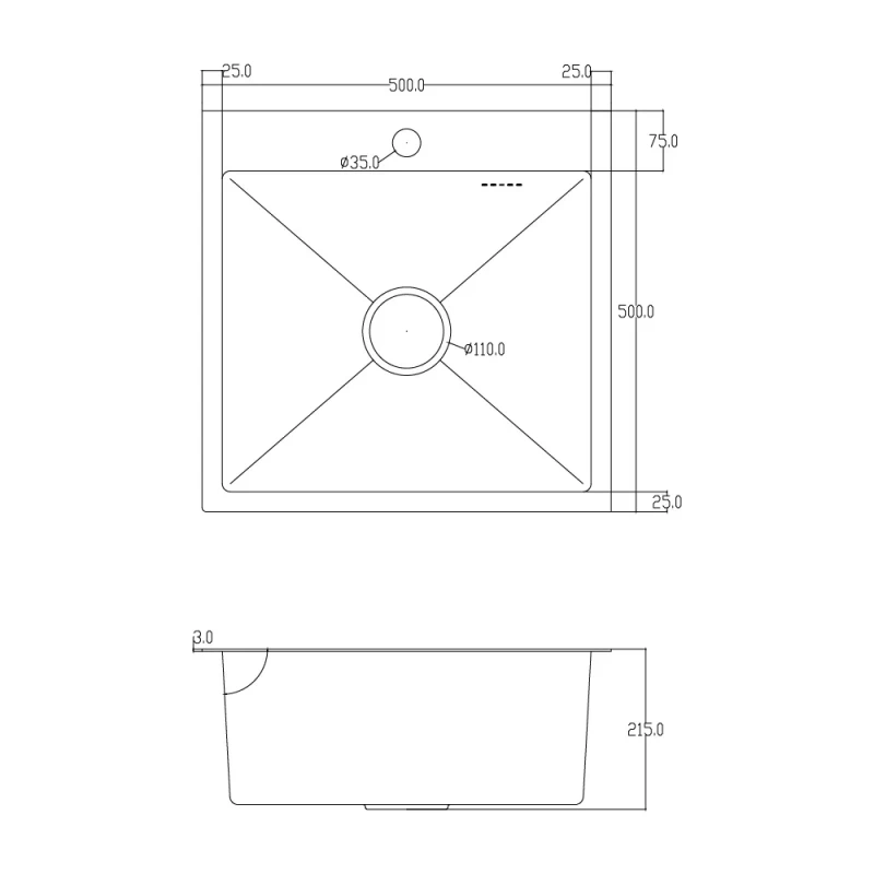 ID 5050 мийка одинар.500x500x215мм, (3.0/0.8мм),SUS 304 сифон, дозатор, кошик, Satin {1/1}