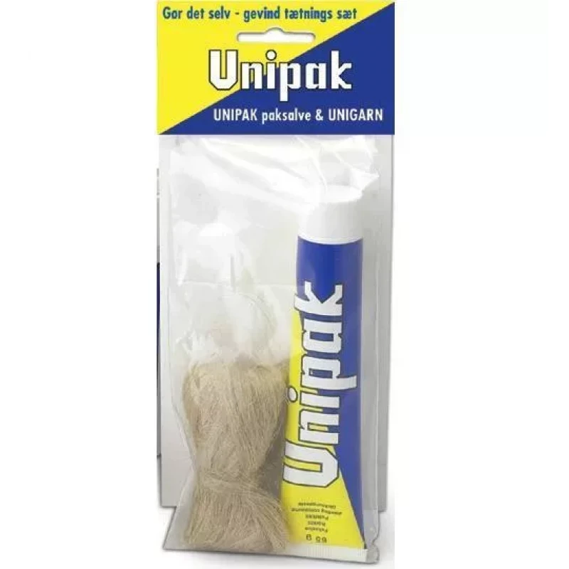 Уплотняющая паста UNIPAK 75 г с сантехническим леном в наборе.