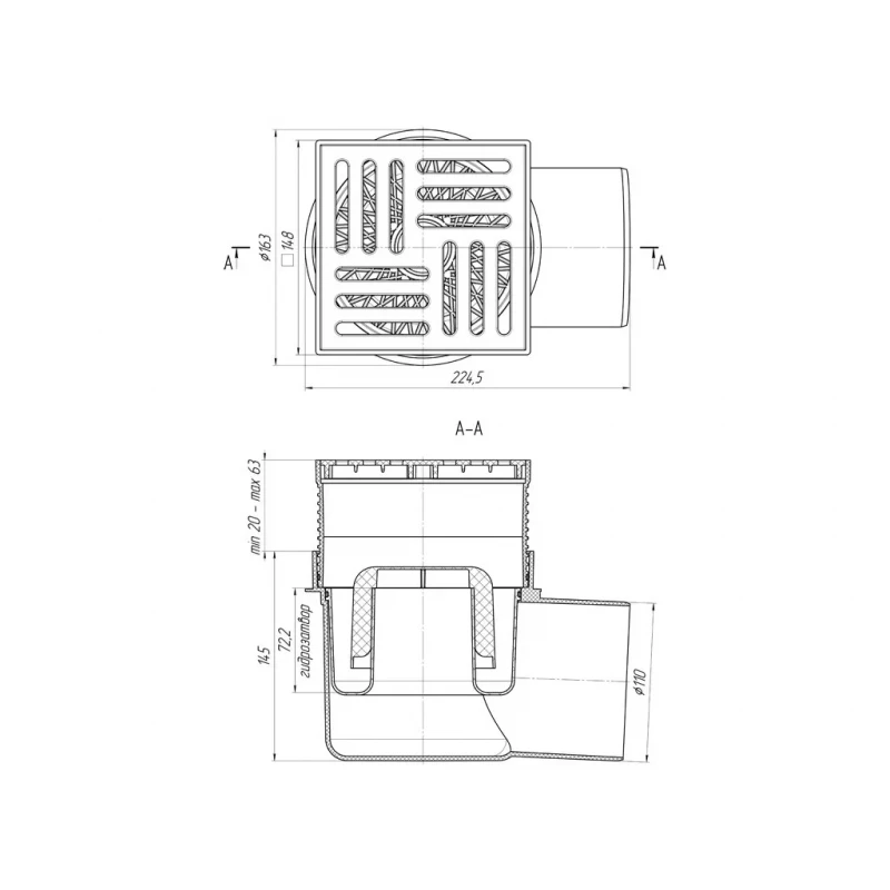 Трап для душу ANI-plast TA1610 Ø110/90° горизонтальний регульований 150х150 мм пластиковий