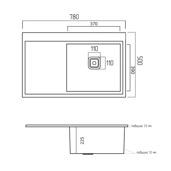 Мийка Platinum Handmade отвори ,квадратний сифон PLATINUM 78×50B R нержавійка (два 3.0/1.0)