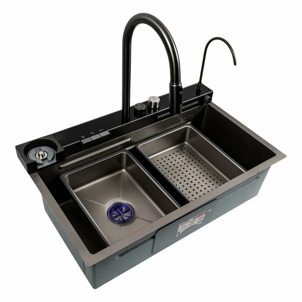 Кухонна мийка сіра Platinum Handmade "ВОДОСПАД" PLATINUM 75×46D PVD