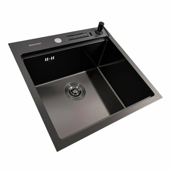 Мийка кухонна Valeso 50×50 см PVD чорна Handmade з підставкою для ножів