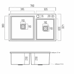 Кухонна мийка Platinum Handmade 780х430х230 на дві чаші PLATINUM HDB (квадратний сифон,3.0/1.0)