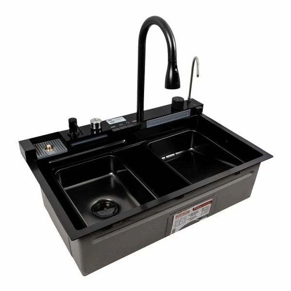 Кухонна мийка чорна Platinum Handmade "ВОДОСПАД" PLATINUM CM 75×46C PVD (Декор)