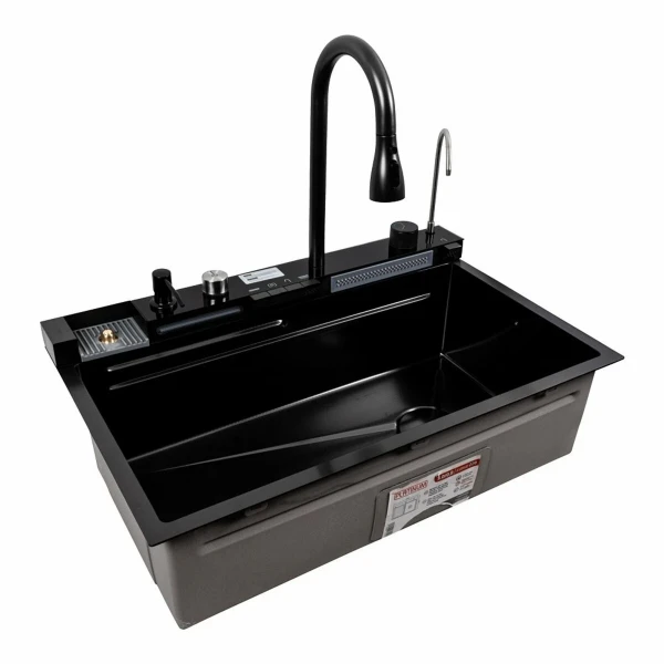 Кухонна мийка чорна Platinum Handmade "ВОДОСПАД" PLATINUM CM 75×46C PVD (Декор)