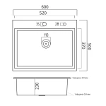 Кухонна мийка чорна 60*50 PVD VALESO Handmade (сифон круглий, 3,0/0,8)